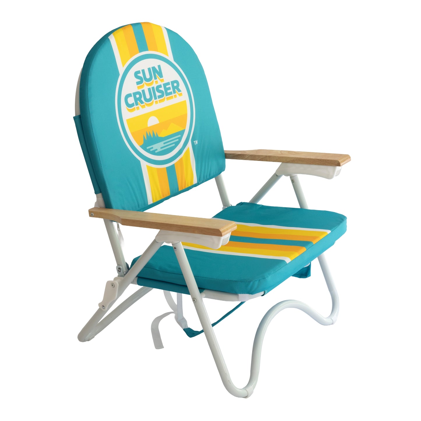Teal beach chair with retro Sun Cruiser orange, yellow. and white striped pattern, a large circle Sun Cruiser logo, wooden arm rest, and white stands