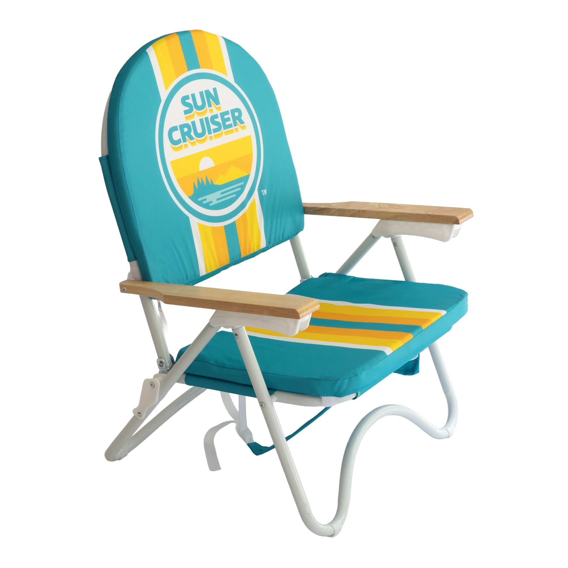 Teal beach chair with retro Sun Cruiser orange, yellow. and white striped pattern, a large circle Sun Cruiser logo, wooden arm rest, and white stands