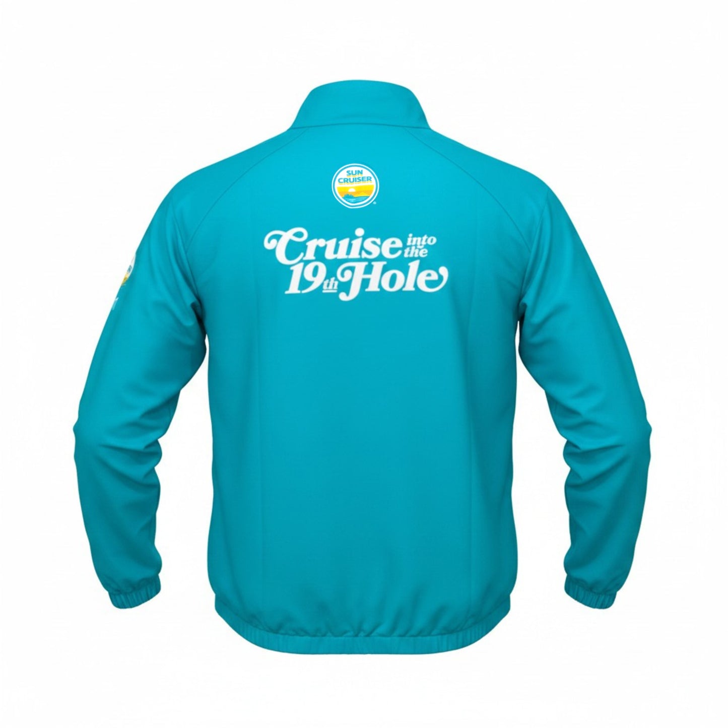 Backside of teal Sun Cruiser teal windbreaker with a Sun Cruiser logo and cursive white text that ready "Cruise into the 19th Hole"