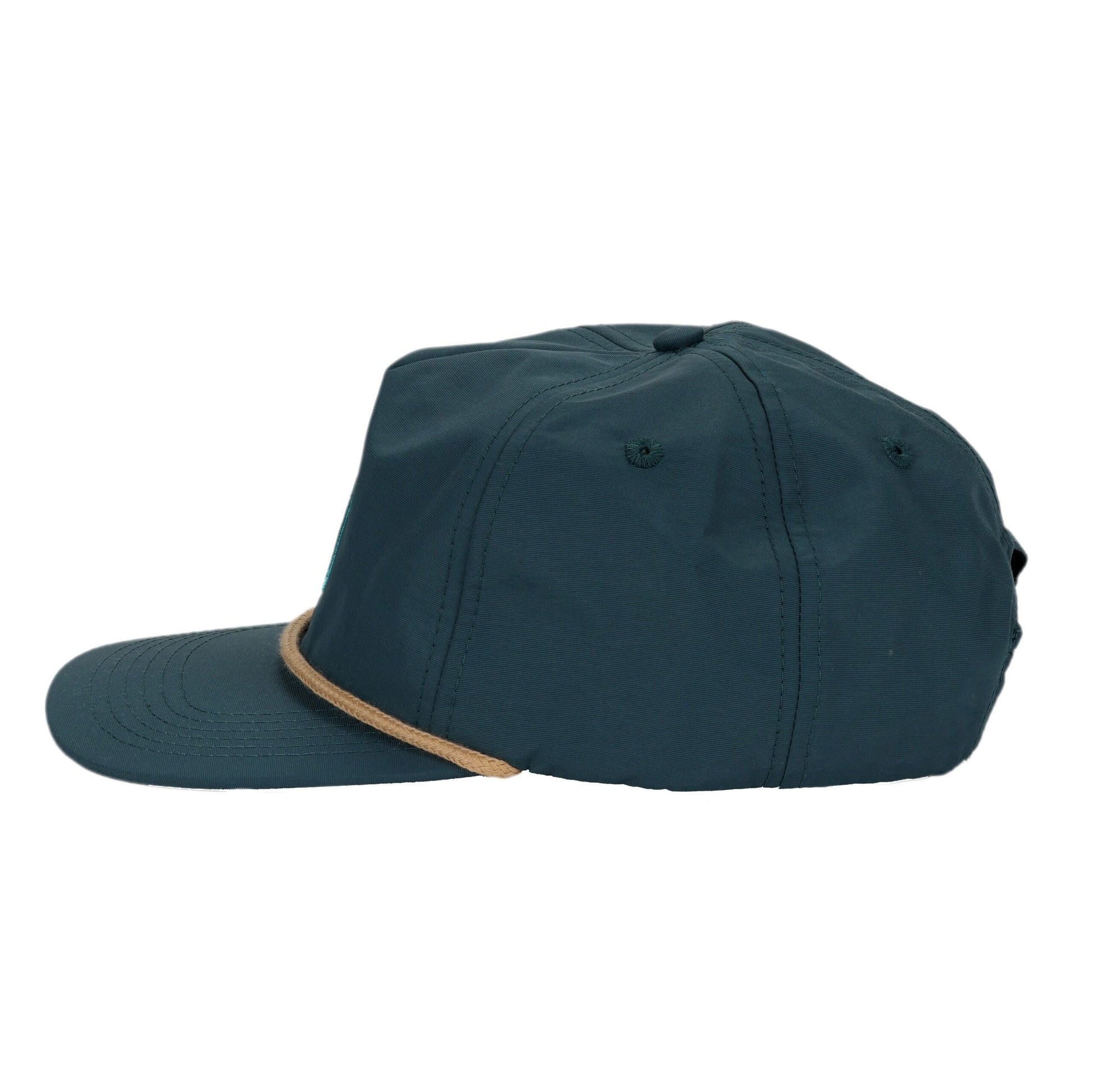 A side view of a navy blue hat with a flat brim and a tan rope accent at the base of the crown. A small portion of a blue and white logo is visible on the front of the cap