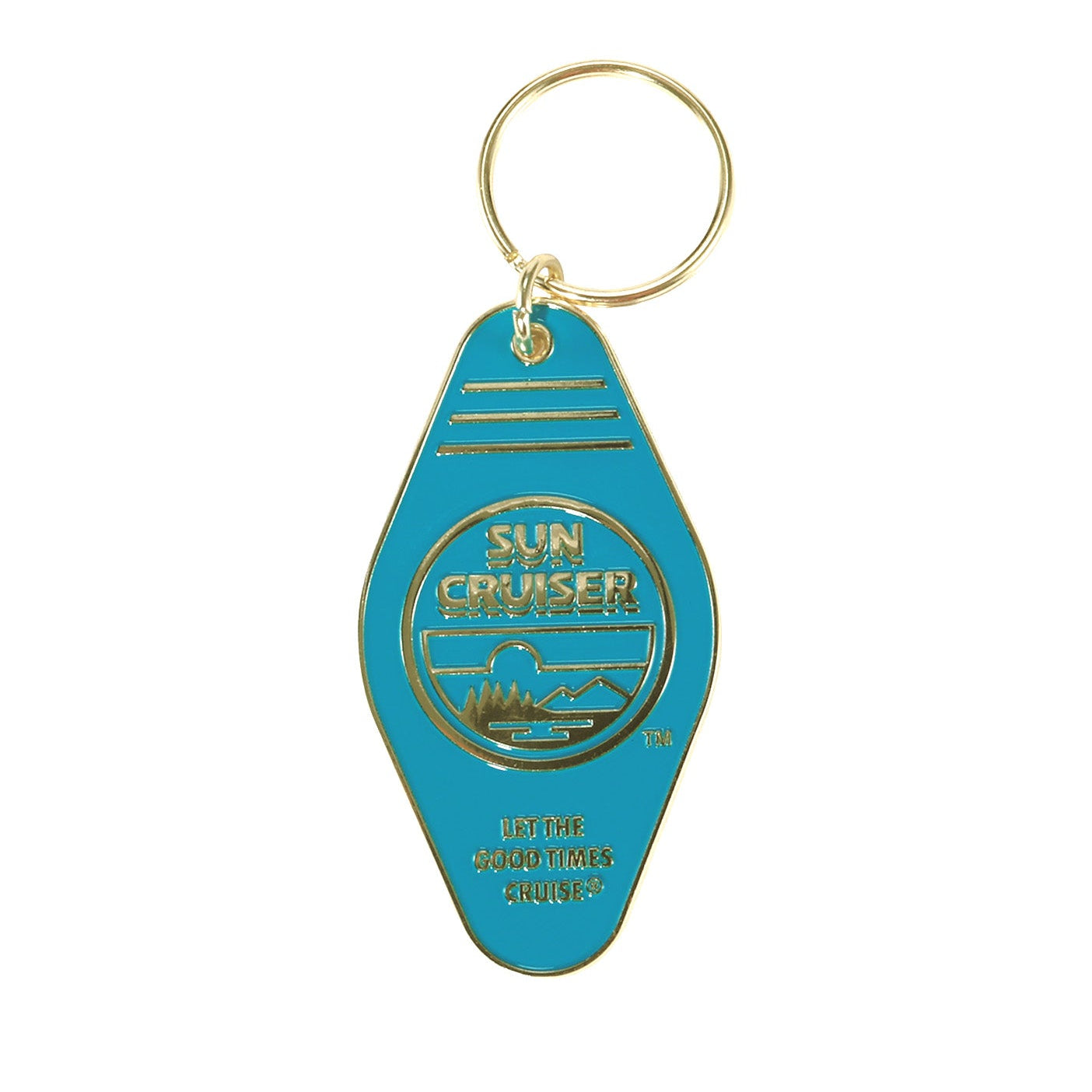 Blue keychain with gold accents featuring 'Sun Cruiser' branding on a white background