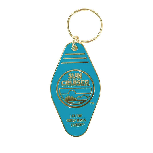 Blue keychain with gold accents featuring 'Sun Cruiser' branding on a white background