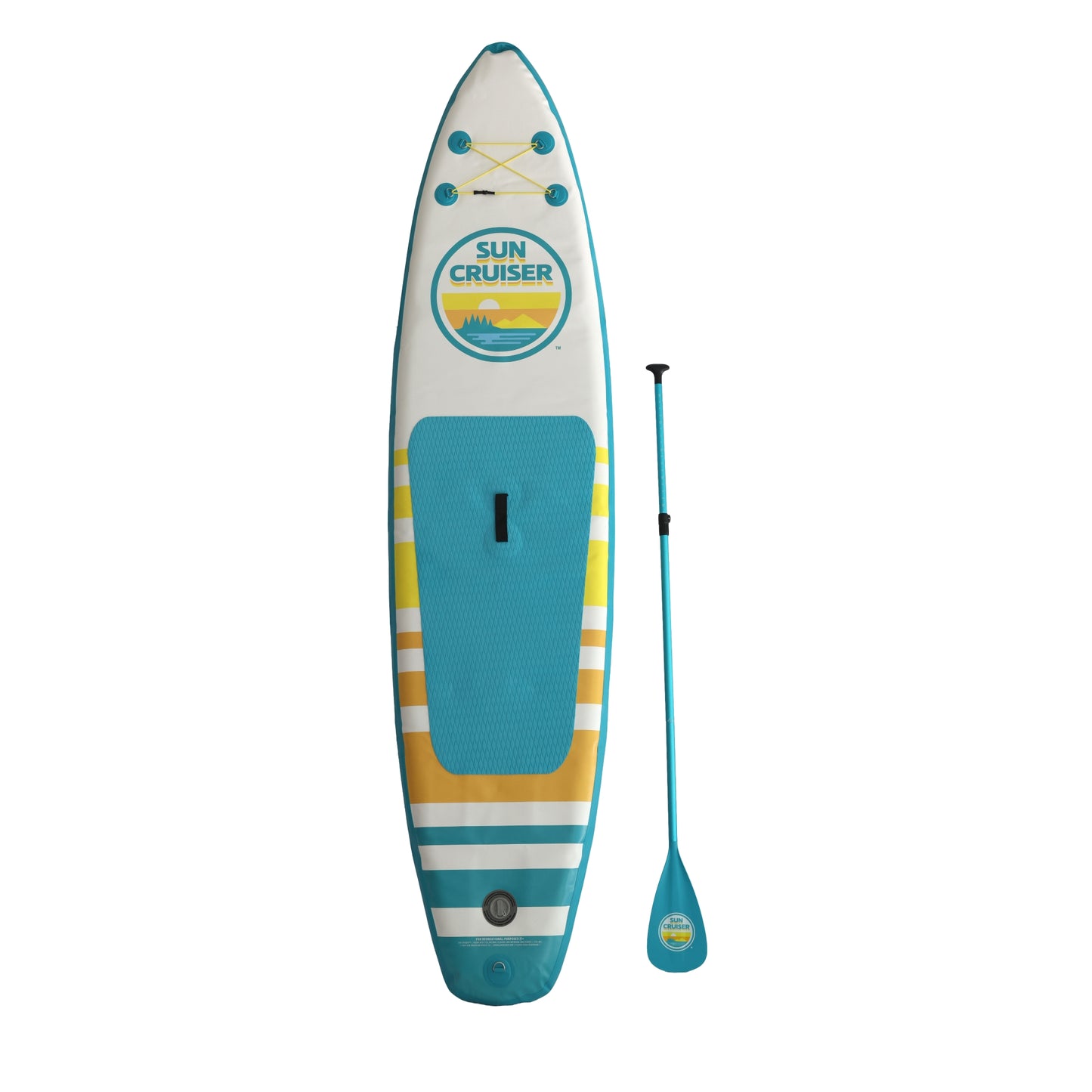 Full view Sun Cruiser inflatable paddleboard with adjustable paddle, wide stable design, textured grip deck and bold beach-inspired colors