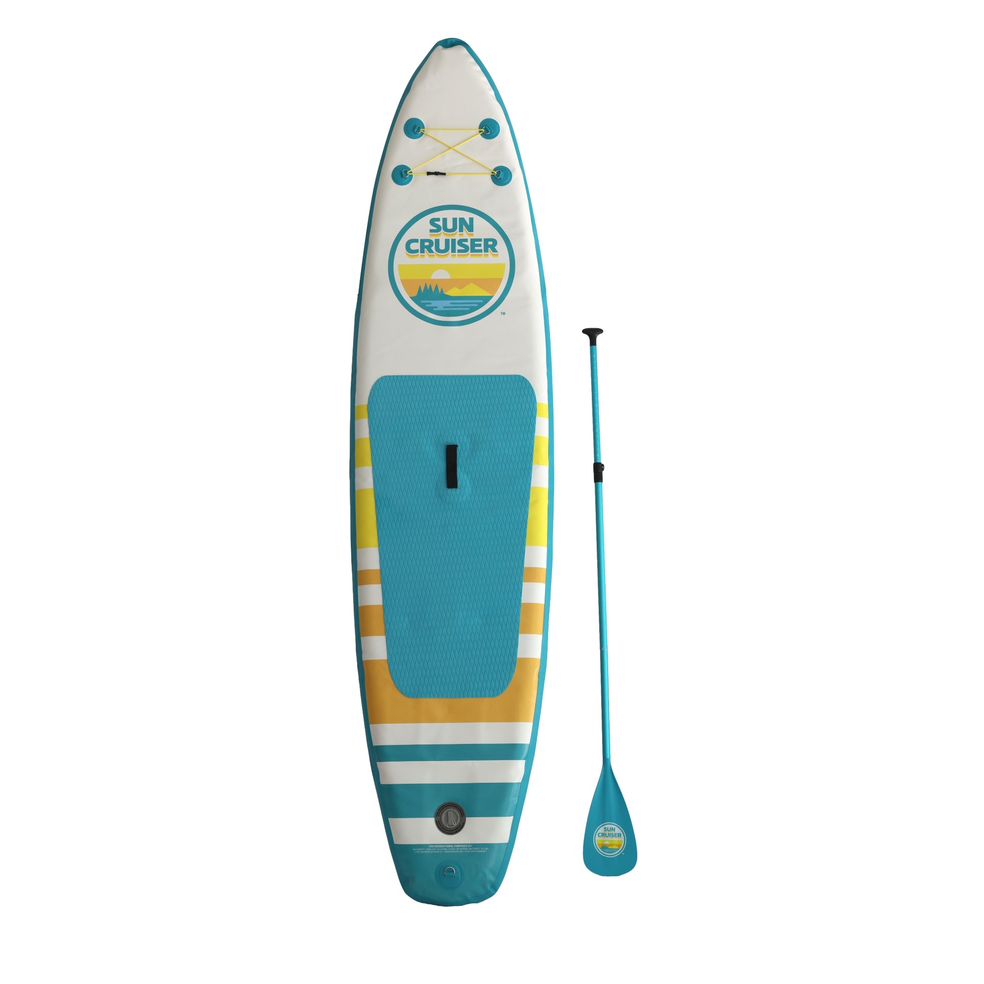 Full view Sun Cruiser inflatable paddleboard with adjustable paddle, wide stable design, textured grip deck and bold beach-inspired colors