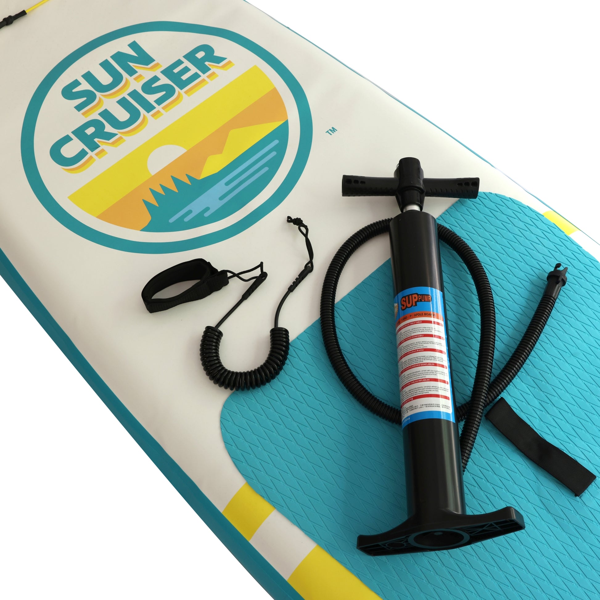 Sun Cruiser paddleboard kit with hand pump, ankle leash and non-slip deck pad for easy setup and stable paddling