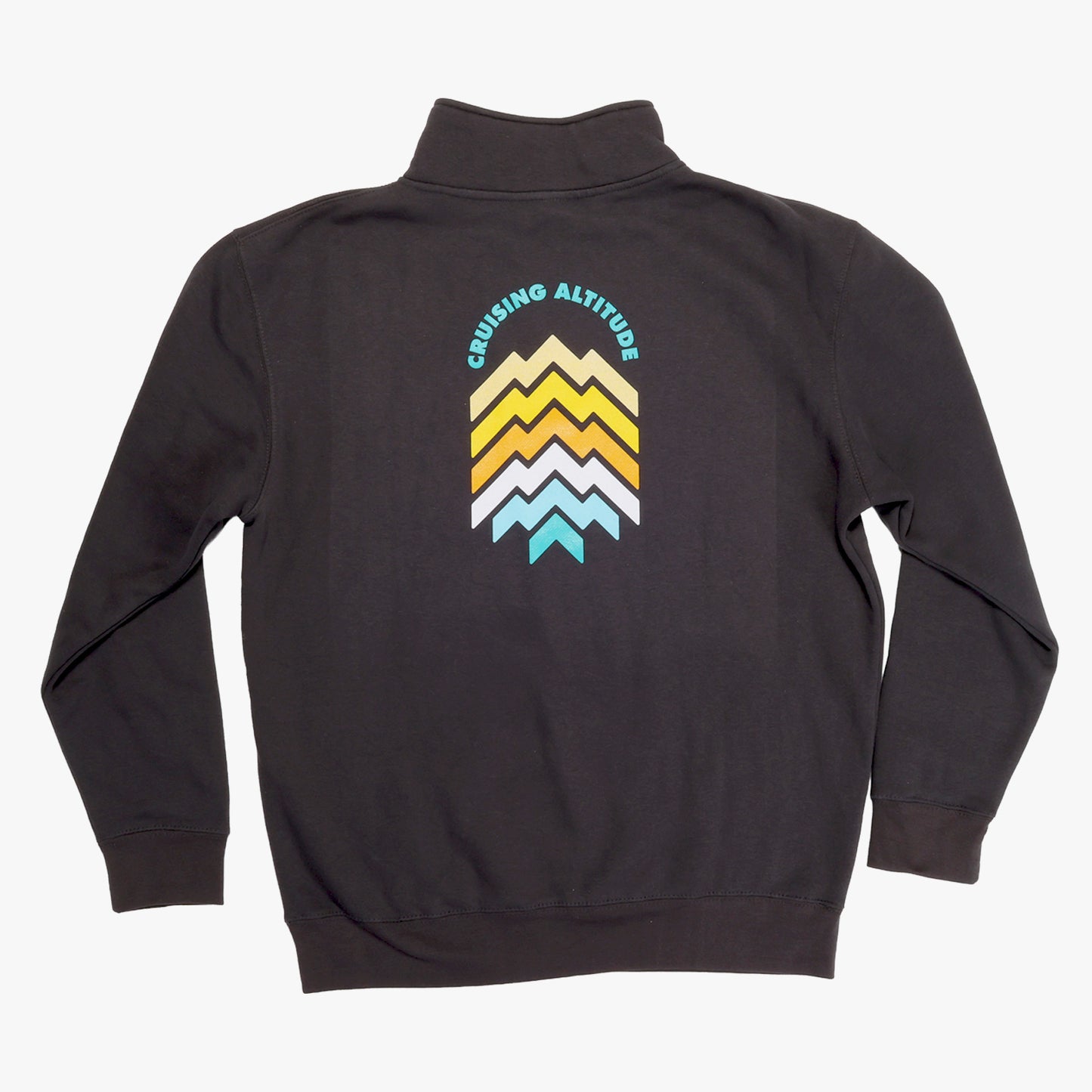 Grey sweatshirt with colorful mountain graphic and 'Cruising Altitude' text on a white background