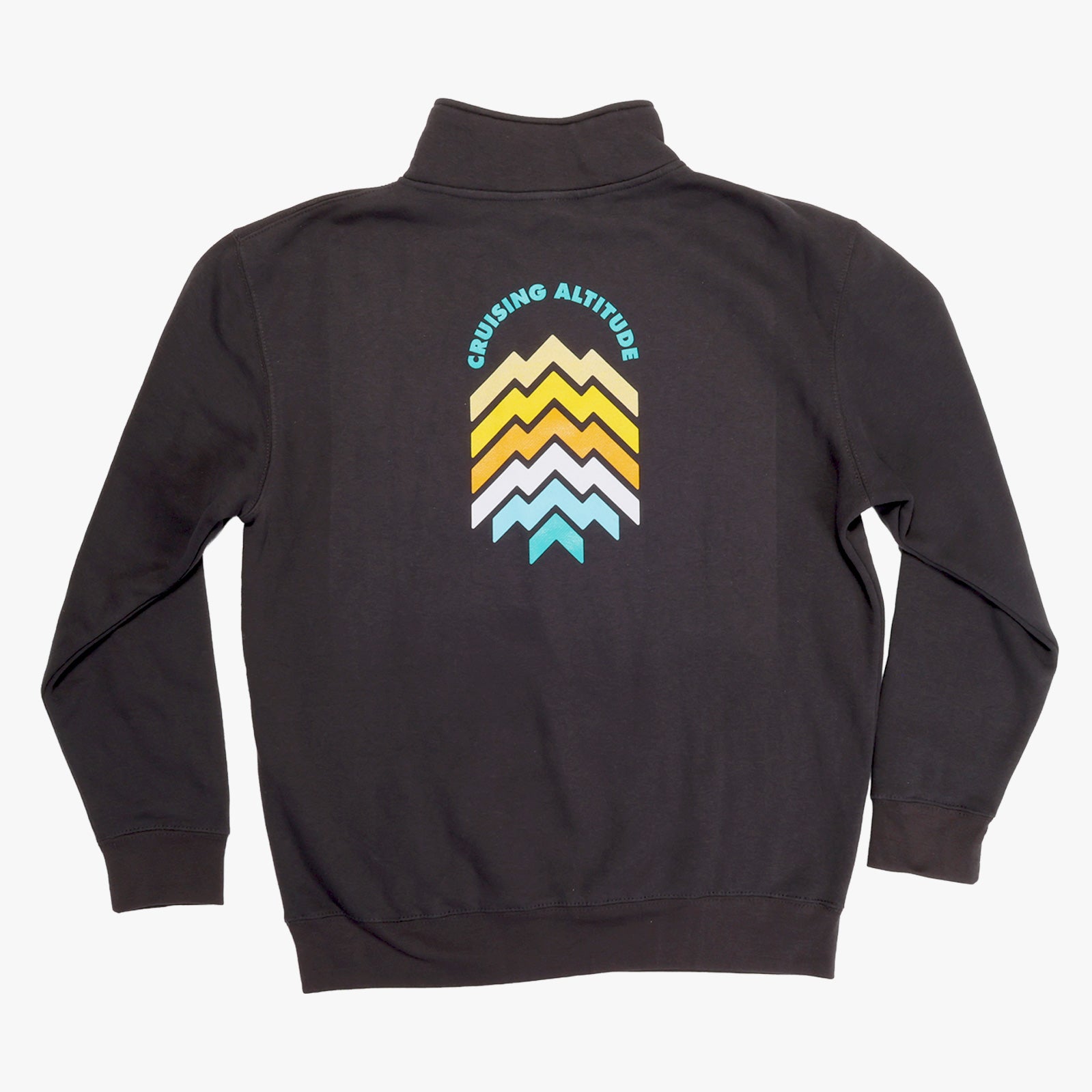 Grey sweatshirt with colorful mountain graphic and 'Cruising Altitude' text on a white background