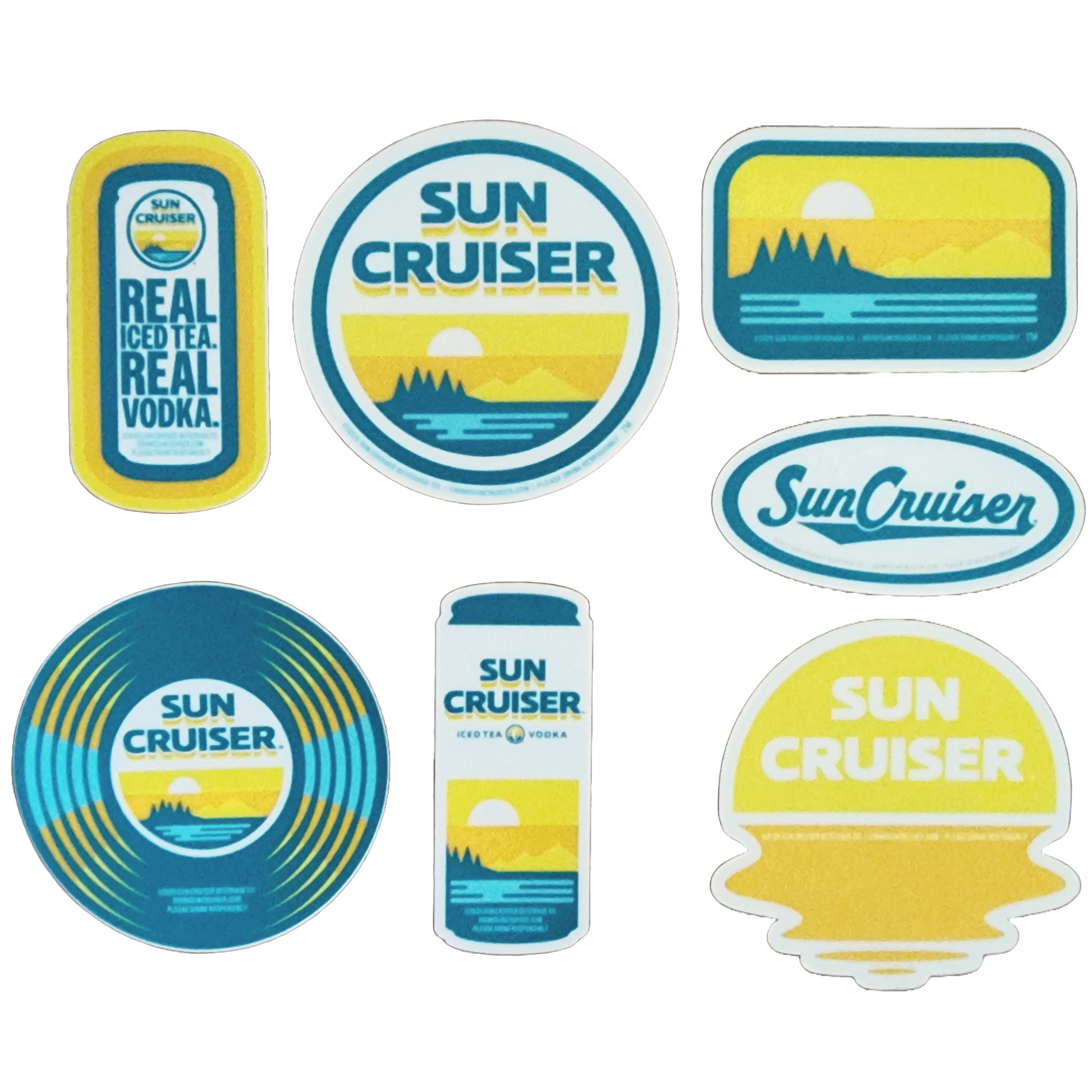 A collection of seven Sun Cruiser themed stickers of various shapes and colors is displayed. These include rectangular stickers with text like "SUN CRUISER" and "REAL ICED TEA. REAL VODKA.", and others featuring sunset and mountain graphics. There's also an oval sticker with "Sun Cruiser" in script, and a can-shaped sticker.