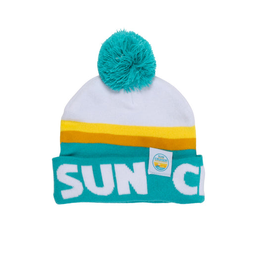 Colorful beanie with a pom-pom on a white background