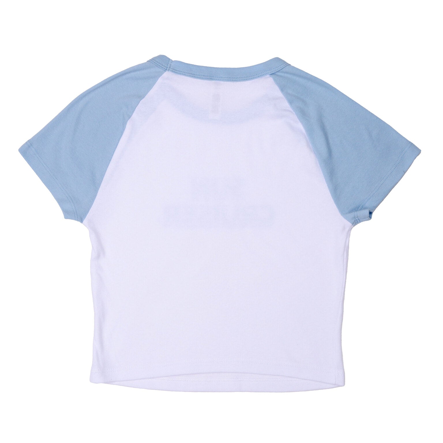 The back of a white cropped t-shirt with light blue raglan sleeves and a light blue collar. The back is plain white, showing the seam lines of the raglan sleeves.