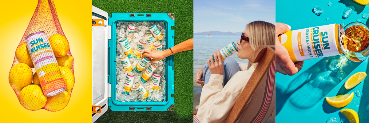 Collage of a person holding a can of Sun Cruiser, a cooler with cans, a person drinking from a can, and a can with lemons on a blue background.