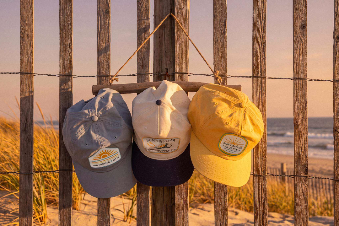 three hats hanging on a dune fence